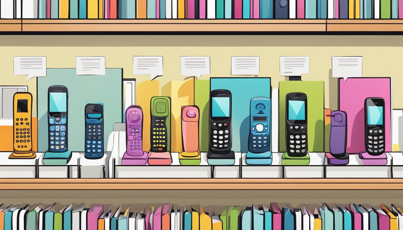 A row of iconic phone models stand on a shelf, surrounded by question marks and a "Frequently Asked Questions" sign