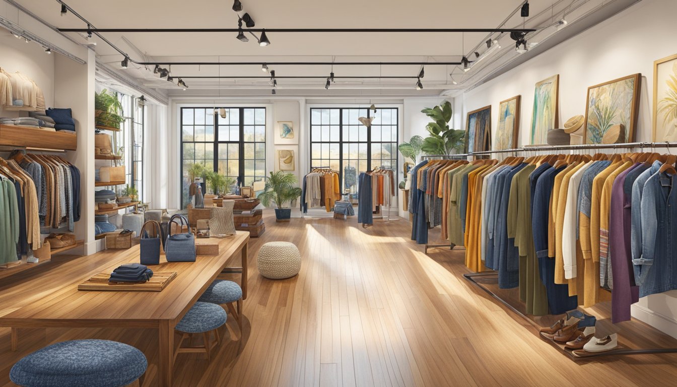 A colorful array of trendy clothing and accessories fills the spacious, well-lit showroom of Expanding Fashion Lines lucky brand