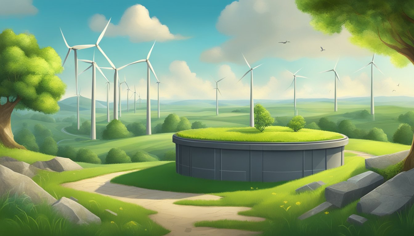 A vibrant, green landscape with a tree growing from a cracked concrete surface, surrounded by renewable energy sources and recycling bins