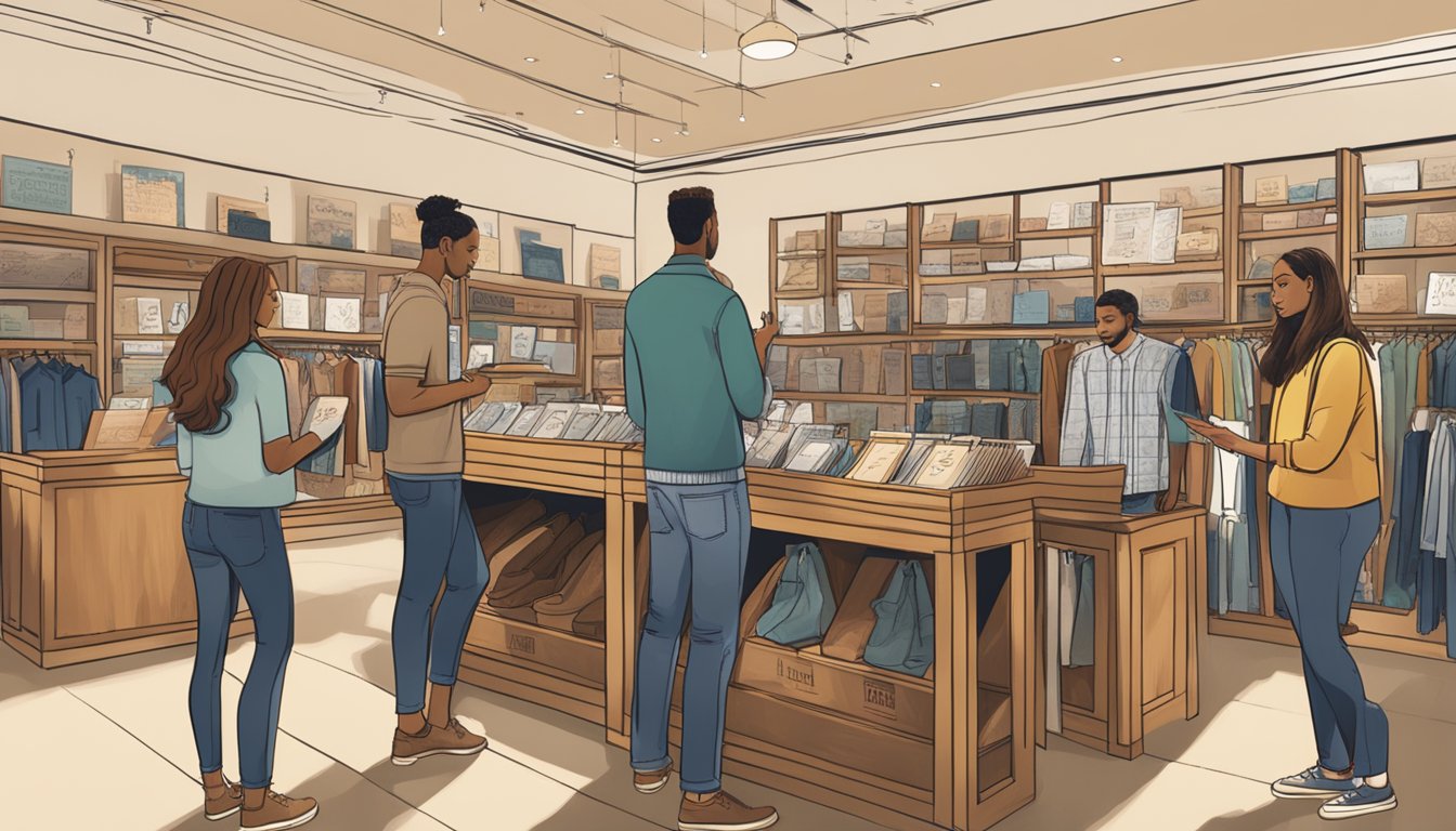 Customers browsing through a display of "Frequently Asked Questions" cards at a Lucky Brand store