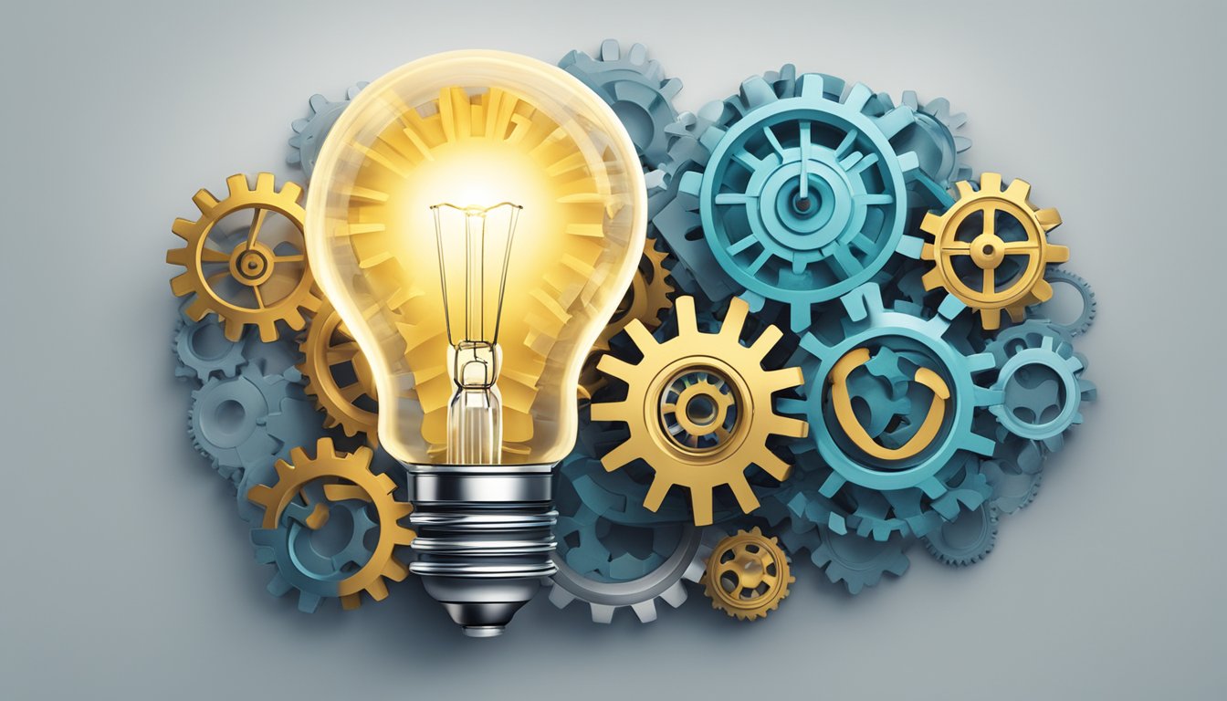 A bright light bulb illuminating a puzzle of interconnected gears, symbolizing the innovative solutions offered by the Lumen brand
