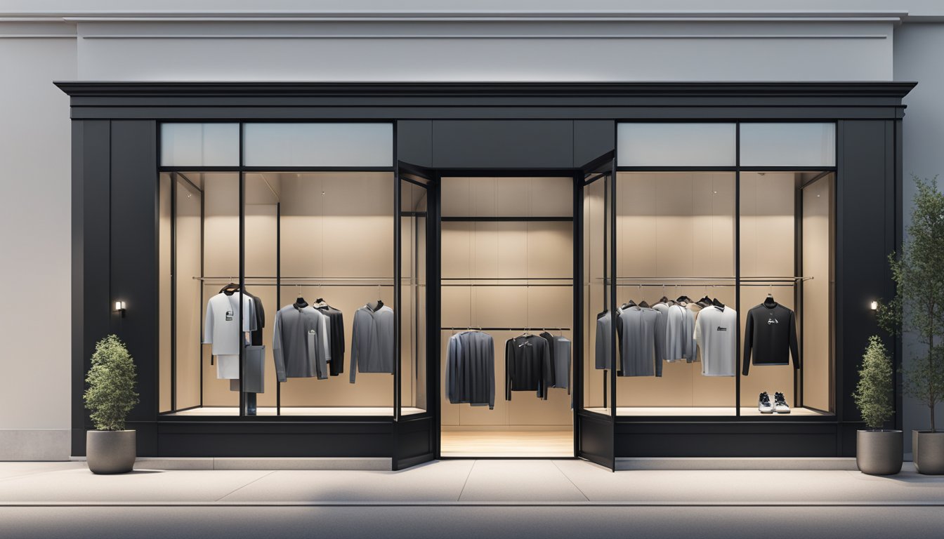 A sleek, minimalist storefront with bold branding and high-end athletic wear displayed in modern, glass cases