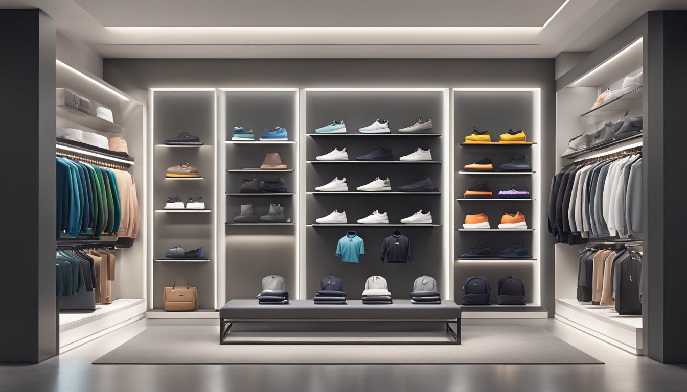 Luxury activewear brands displayed in a modern boutique setting with sleek, minimalist shelving and spotlights highlighting the high-end sportswear