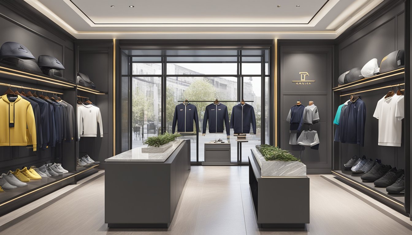 Luxury sportswear displayed in a high-end boutique with sleek, modern fixtures and elegant branding