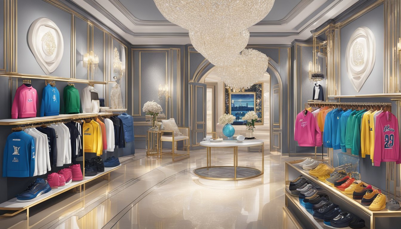 Luxury brand logos and sportswear displayed in a glitzy, star-studded setting. Celebrity endorsements and paparazzi flashes add to the glamorous atmosphere