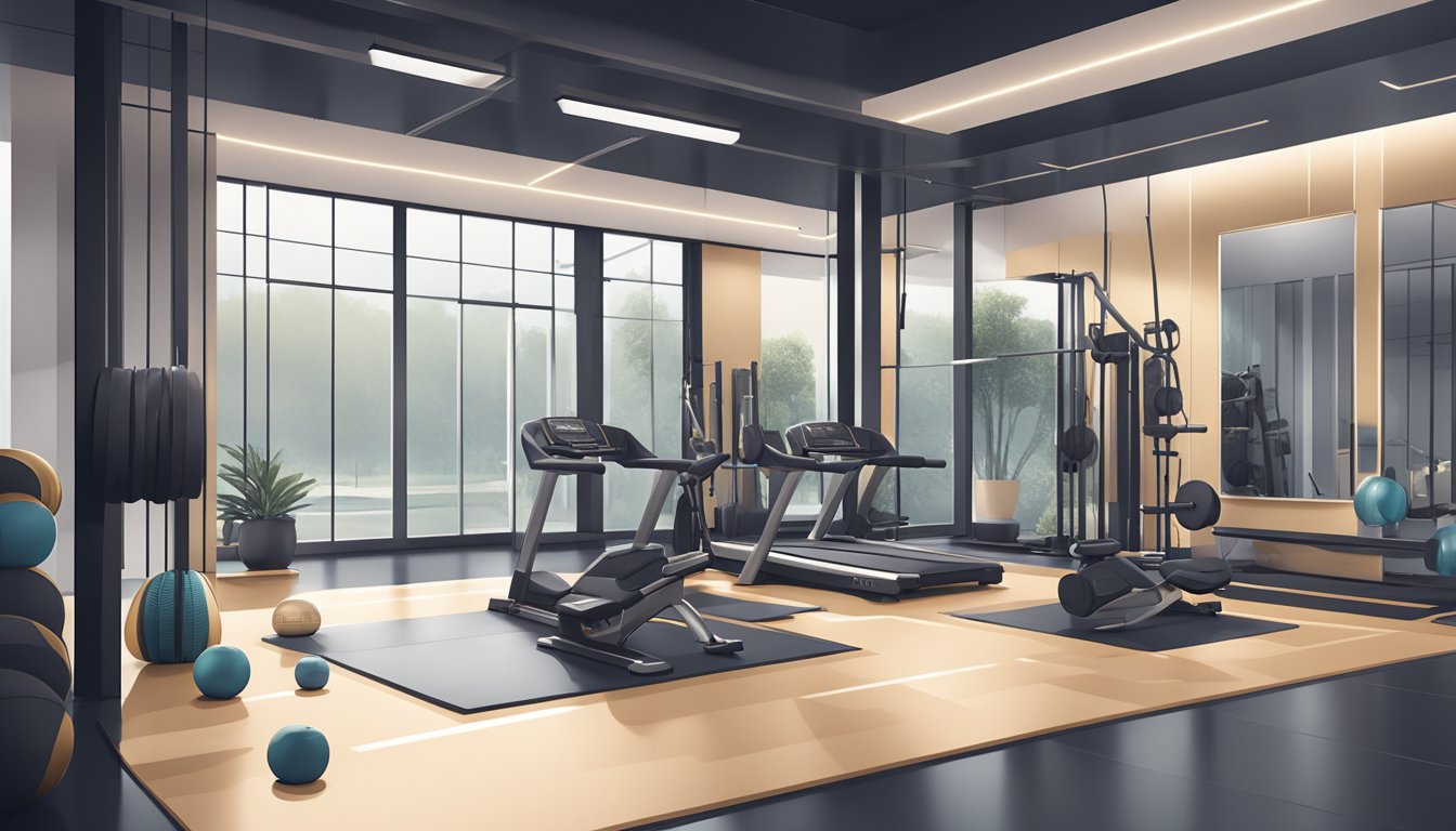A sleek, modern gym with high-end sportswear on display. Clean lines, metallic accents, and minimalist design convey luxury brand aesthetics