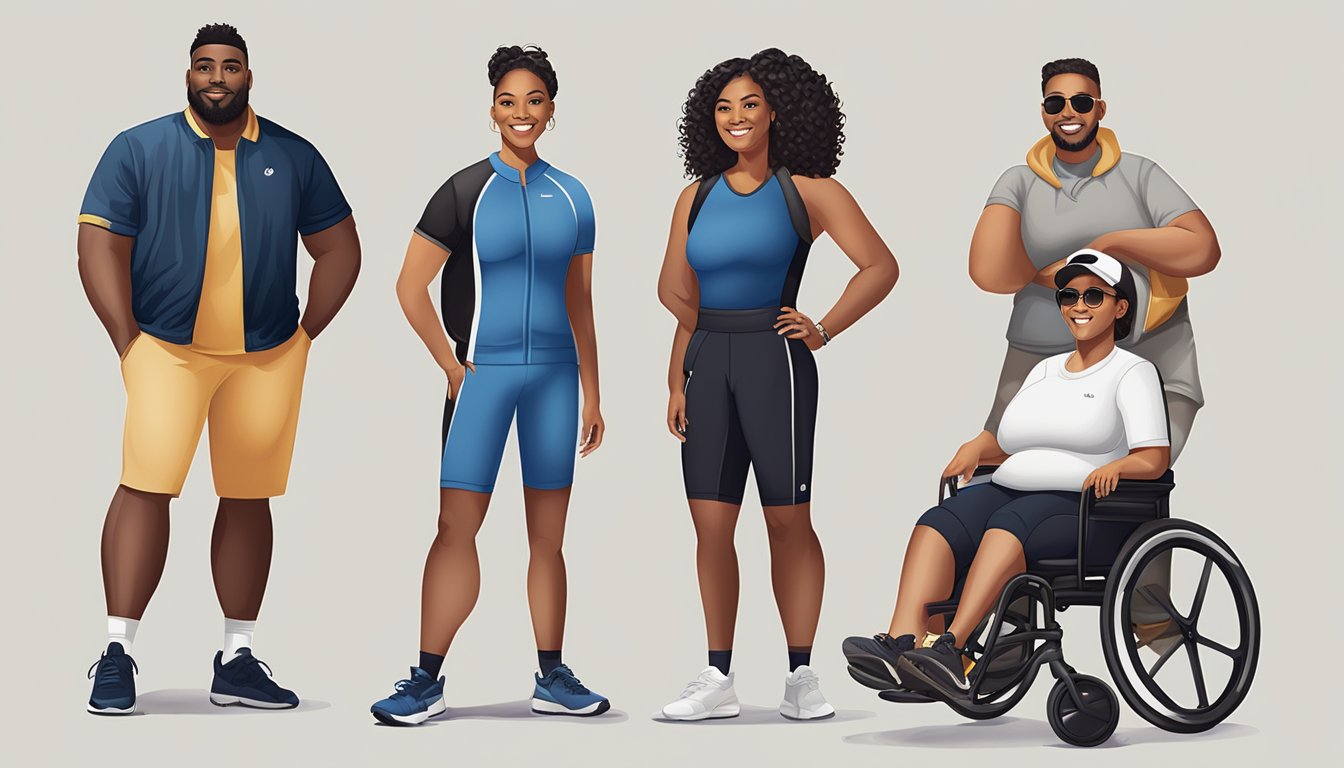 A diverse group of people of different ages, races, and abilities are seen wearing luxury sportswear, with accessible features such as adjustable closures and inclusive sizing options