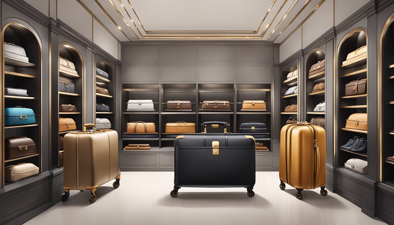 Luxury luggage brands displayed in a high-end boutique, with elegant and sophisticated designs showcased on sleek shelves and luxurious displays
