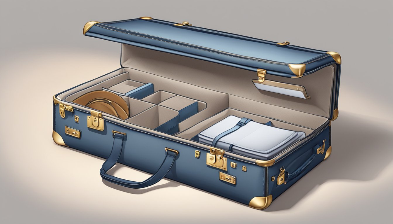 A sleek, modern suitcase stands open, revealing a plush interior and compartments for organization. The exterior is crafted from high-quality, durable materials with elegant detailing