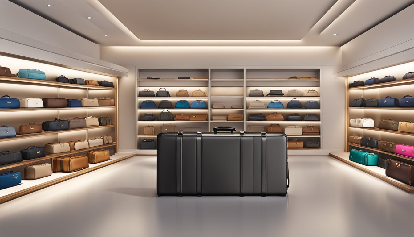 Luxury luggage brands displayed on a sleek, modern store shelf with elegant packaging and high-quality materials