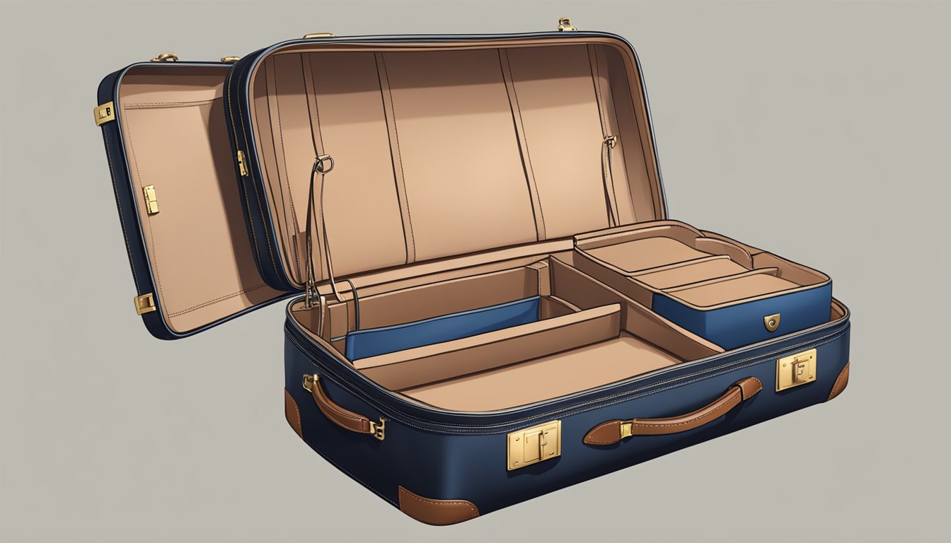 A sleek, elegant suitcase stands open, revealing a plush interior with compartments for accessories. The exterior features fine leather, polished metal accents, and a subtle logo