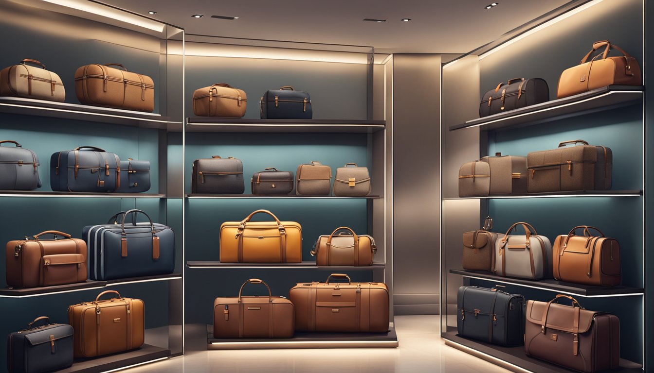 Luxury luggage brands displayed in a sleek, modern store. Elegant suitcases and travel bags lined up on polished shelves, highlighted by soft, ambient lighting