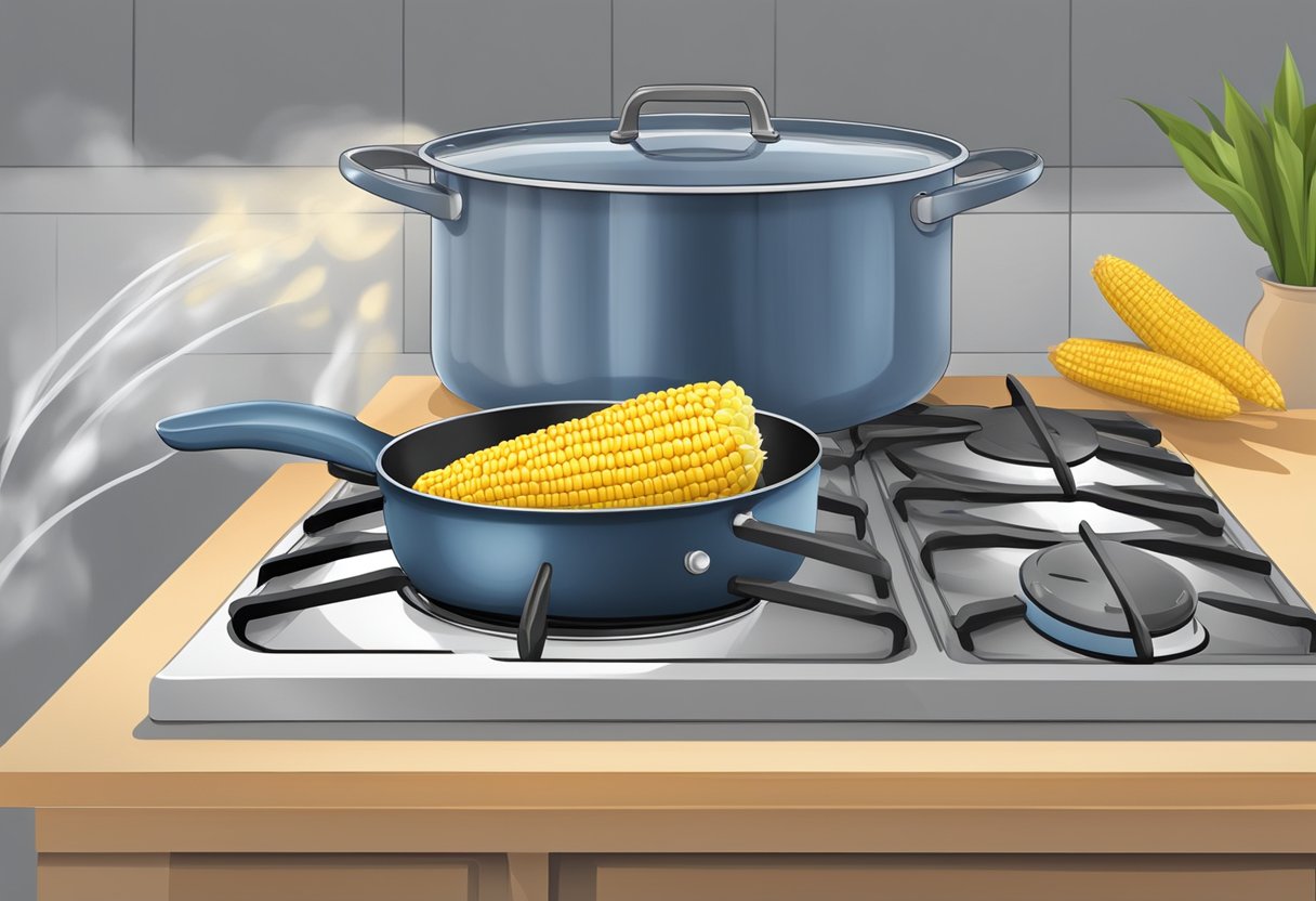 A pot of water boiling on a stove, with a few ears of corn on the cob nearby. A timer set for the recommended boiling time
