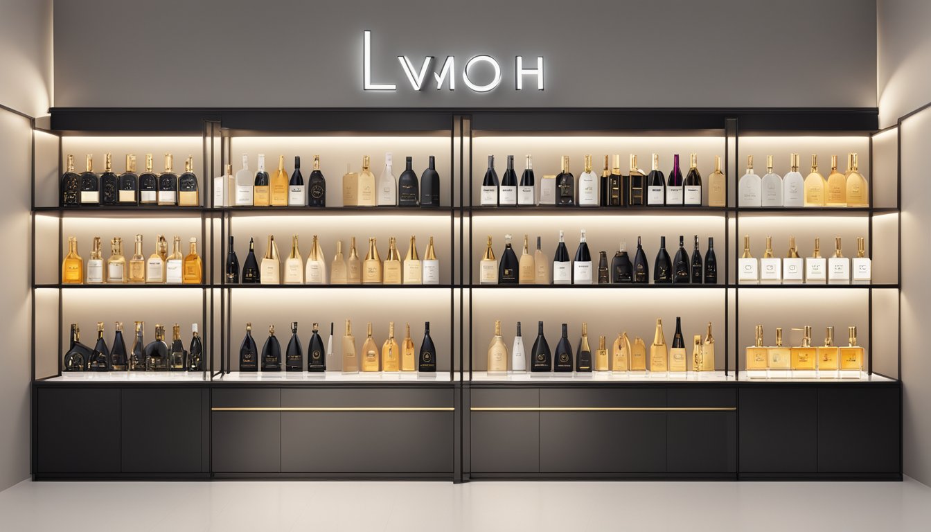 A display of LVMH group brands, including Louis Vuitton, Moet & Chandon, and Dior, arranged on a sleek, modern shelf with elegant lighting