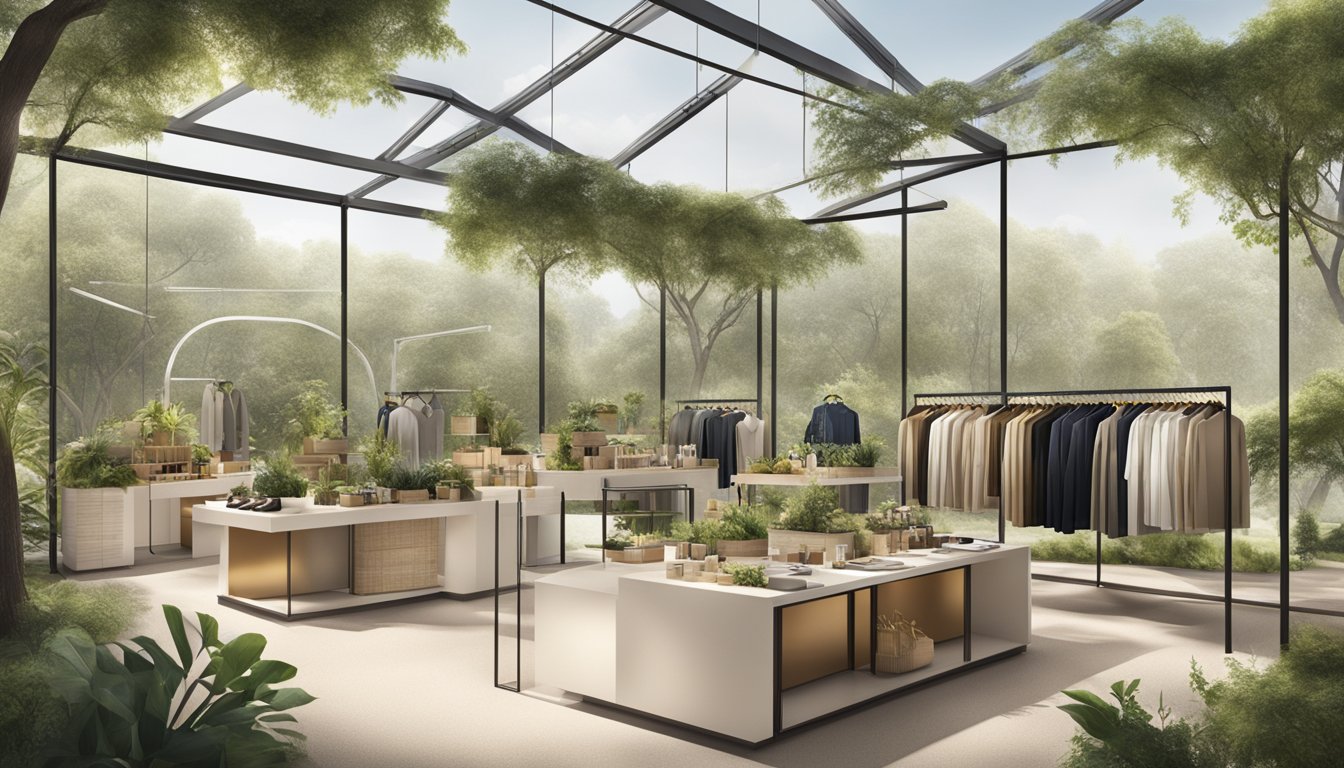 A diverse group of LVMH brand products displayed in a sustainable, eco-friendly setting, showcasing the company's commitment to corporate responsibility and culture