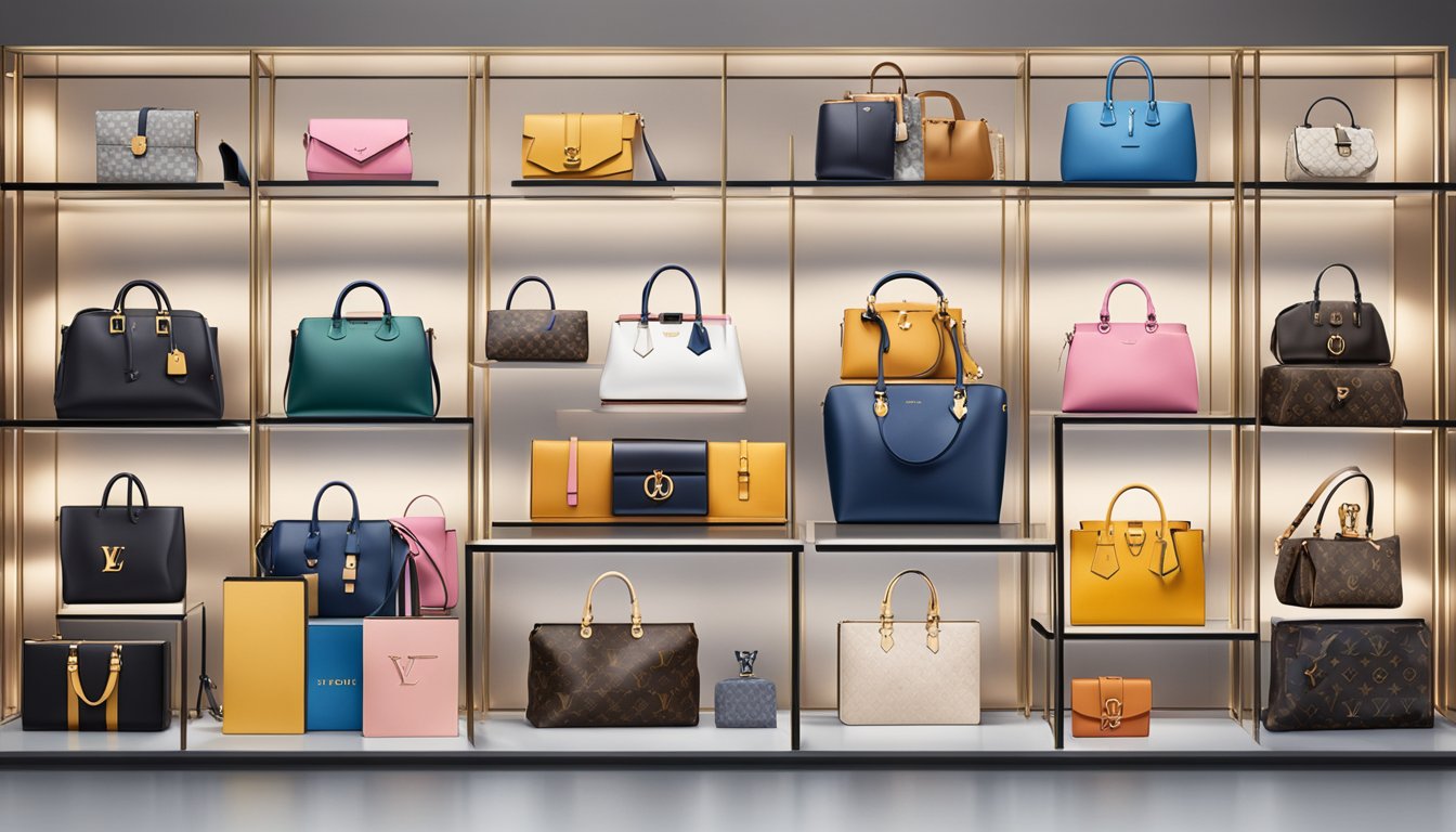 A crowded display of luxury brand logos, including Louis Vuitton, Dior, and Fendi, against a sleek backdrop