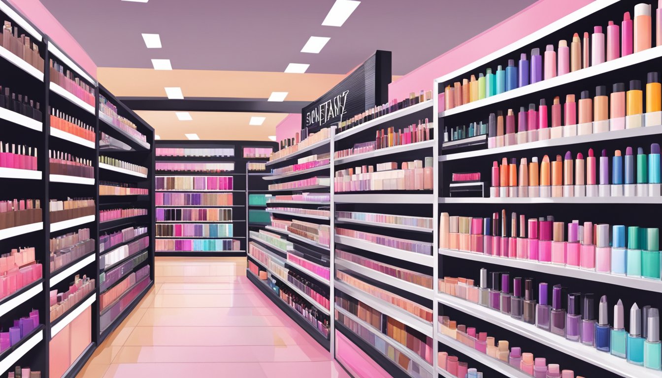 Various top makeup brands displayed on shelves at Ulta, including MAC, Urban Decay, and Too Faced. Bright, organized, and inviting