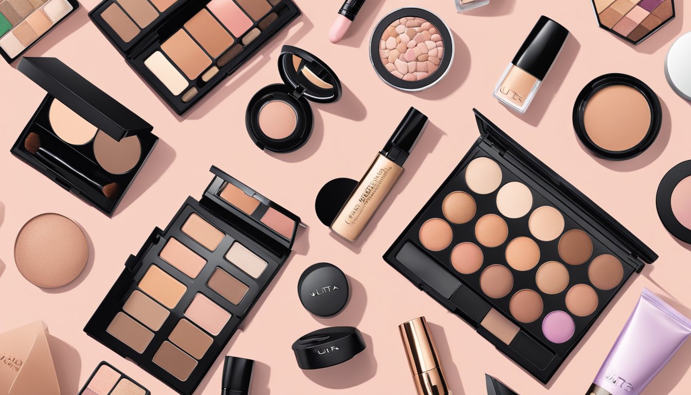 A table displays Face Makeup Essentials from various brands at Ulta, including foundation, concealer, blush, eyeshadow palettes, and lipstick