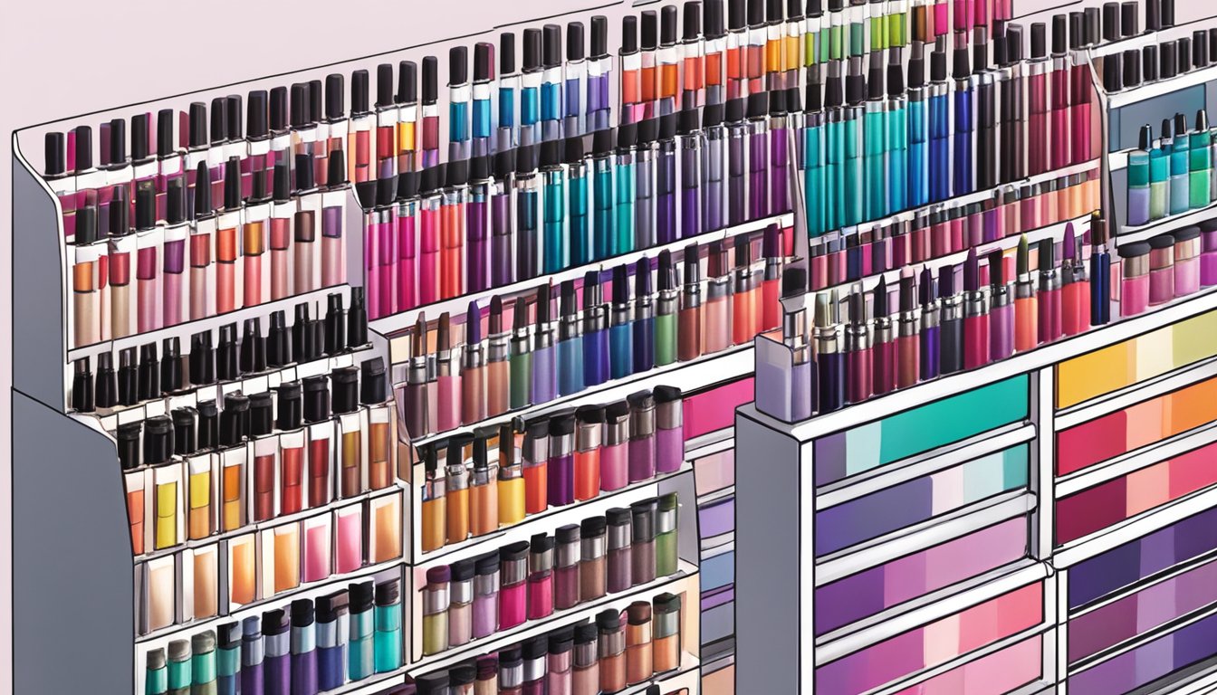 Vibrant eyeshadow palettes, precision liquid eyeliner, volumizing mascara, and bold colored eyeliners displayed on sleek shelves at Ulta