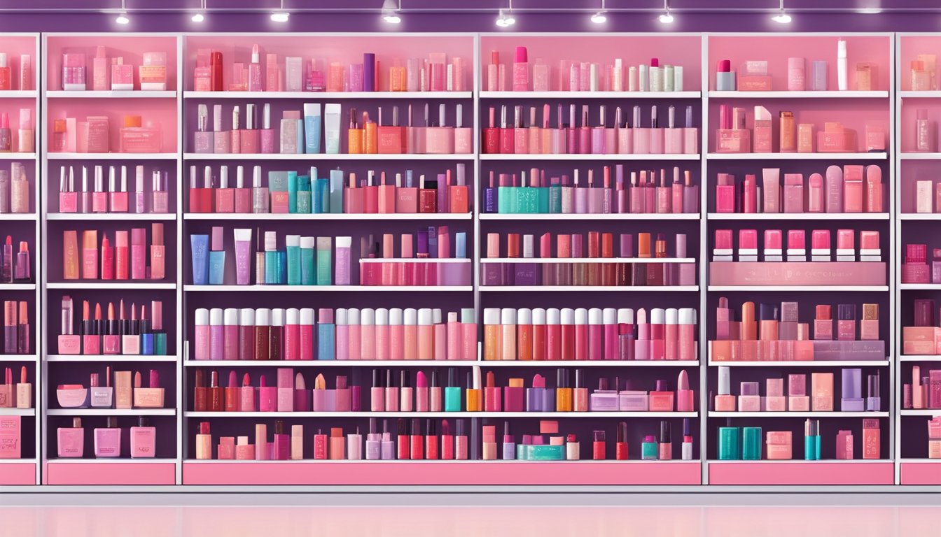 A display of Lip Products and Care makeup brands at Ulta. Various lipsticks, glosses, and balms arranged on shelves with brand logos visible