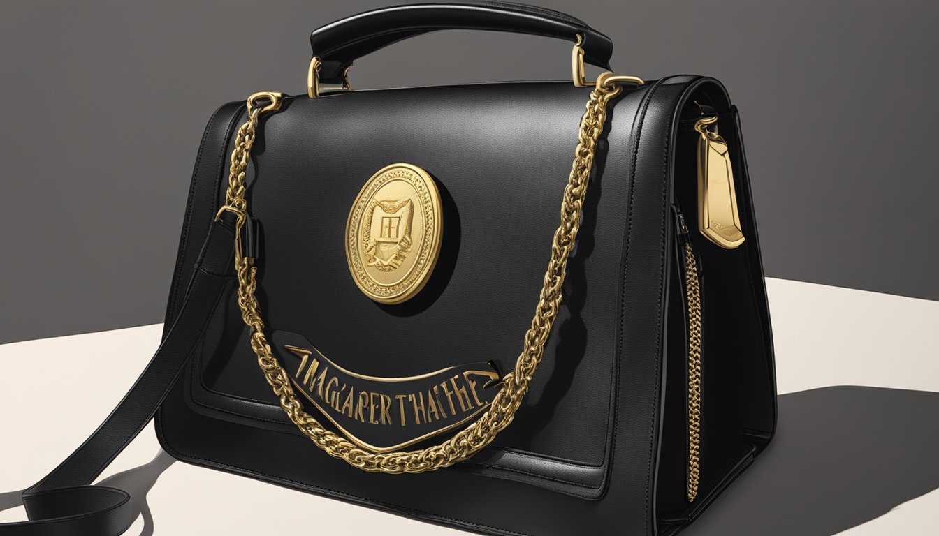 A sleek, black handbag with a gold emblem reading "Margaret Thatcher" in bold lettering