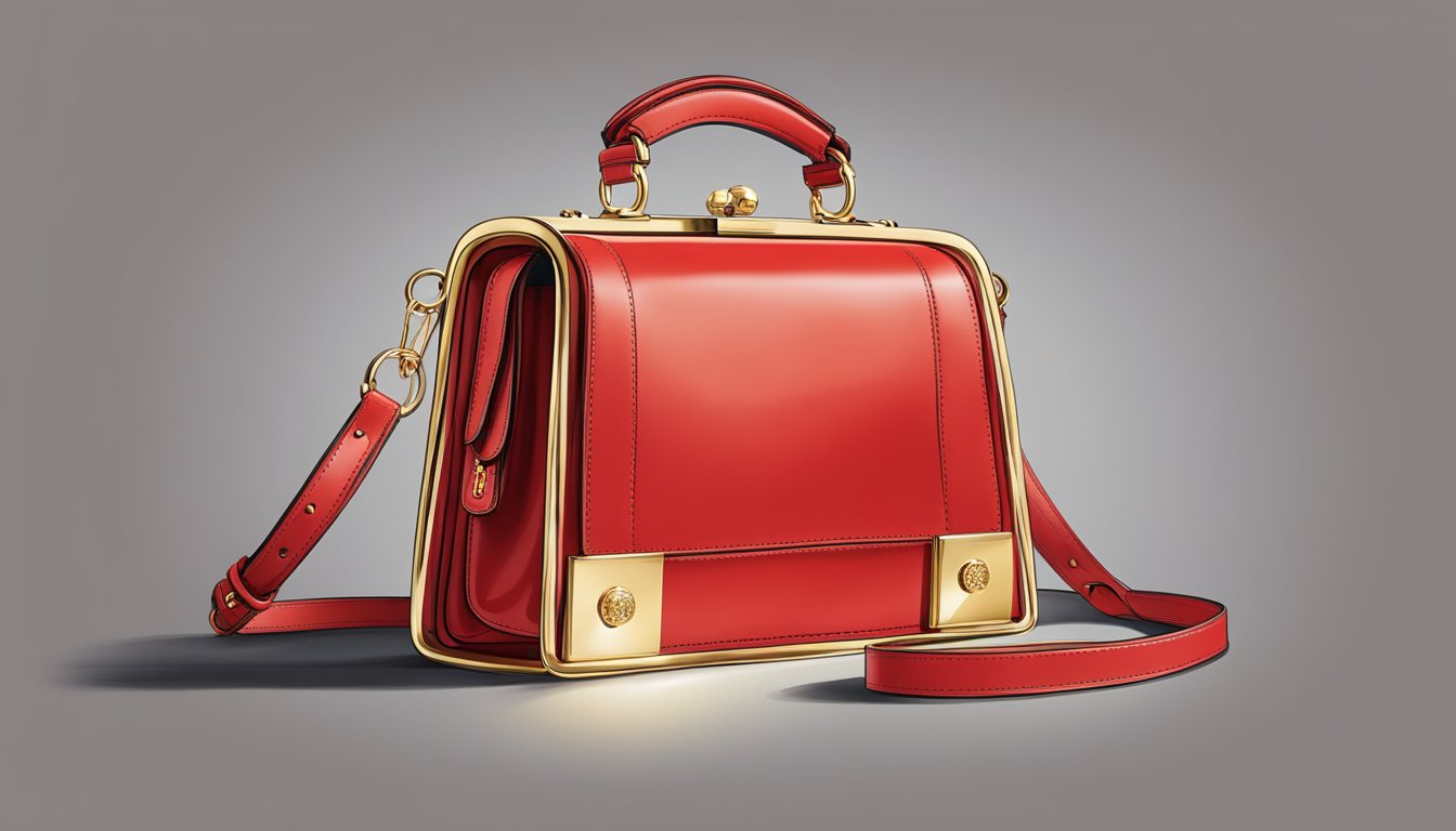 A bold red handbag with a structured design and gold hardware, symbolizing Margaret Thatcher's iconic style and power