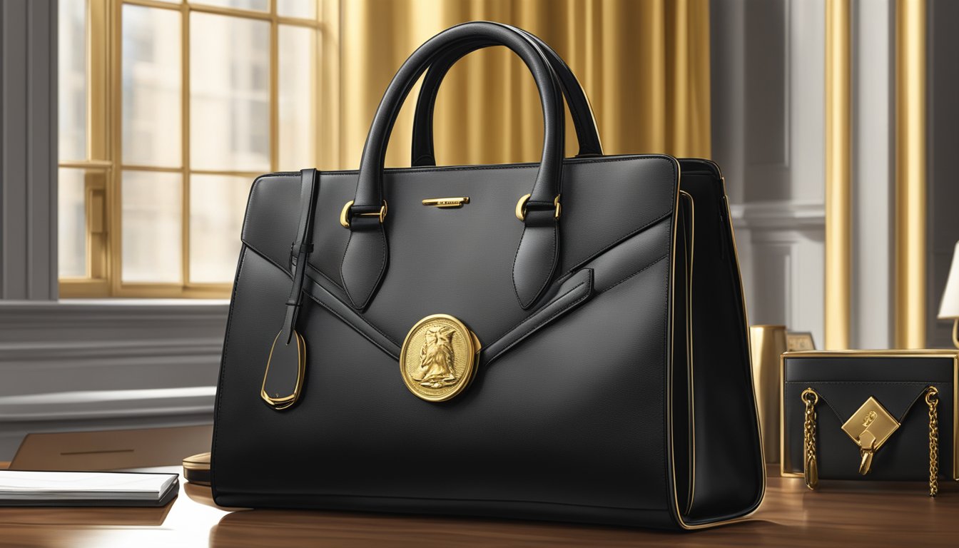 A sleek, black handbag sits on a polished desk, exuding authority and confidence. The gold emblem of Margaret Thatcher's brand adorns the front, symbolizing strength and influence