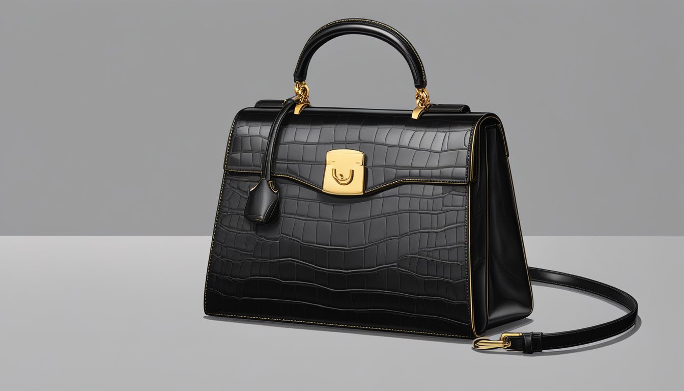A classic black handbag with gold hardware sits on a polished table, exuding elegance and sophistication. The brand name "Launer" is subtly embossed on the front