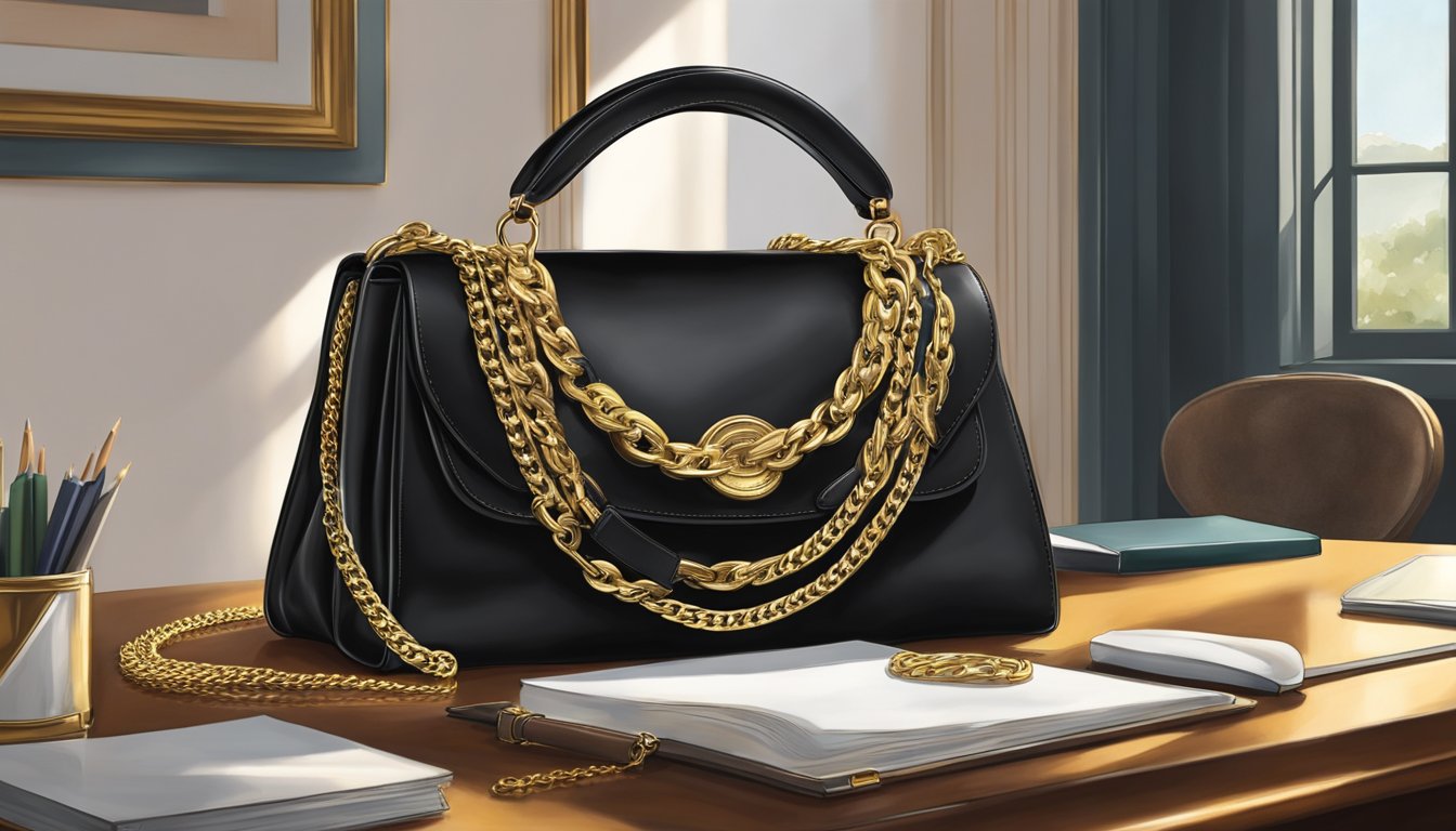 A black leather handbag sits atop a polished desk, with the iconic gold chain strap draped elegantly over the edge. The bag exudes power and authority, symbolizing the legacy of Margaret Thatcher