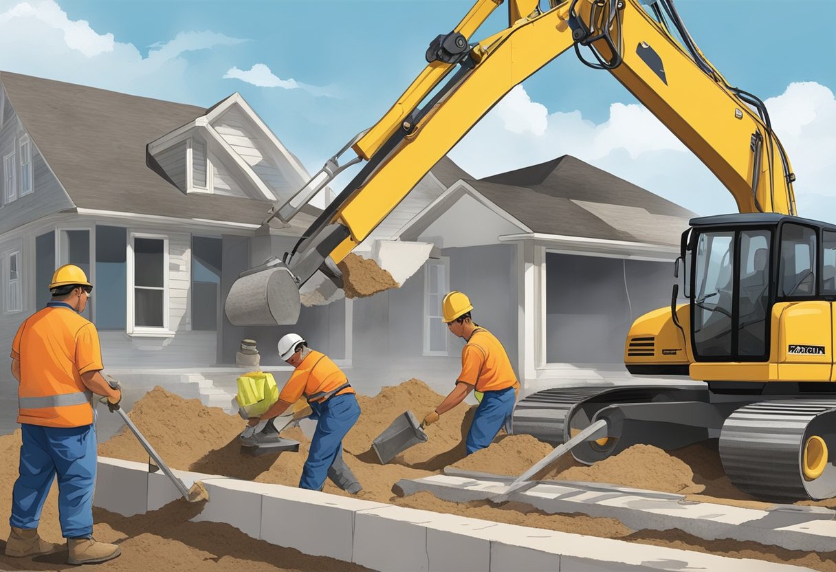 A crew of workers use heavy machinery to repair the foundation of a house in Baytown, Texas. The workers are using jackhammers and other tools to break up the damaged concrete and prepare it for repair