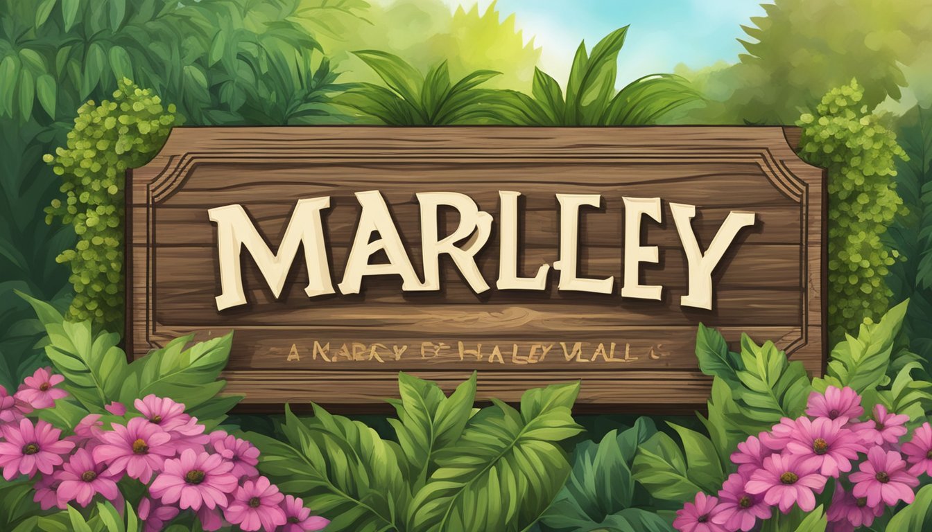 A rustic wooden sign with "Marley Brand" carved into it, surrounded by lush green foliage and colorful flowers