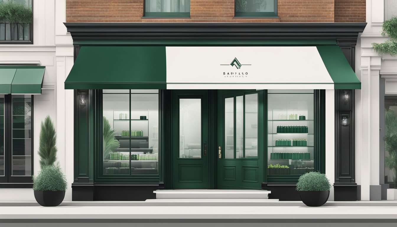 A sleek, modern logo adorns a minimalist storefront with clean lines and bold typography. The color scheme is a sophisticated mix of black, white, and deep green, exuding a sense of luxury and sophistication