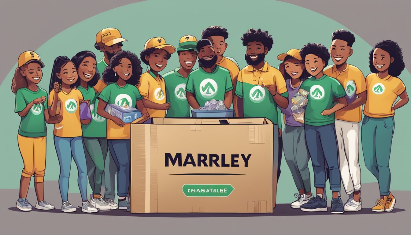 A group of people wearing Marley brand clothing gather around a donation box, smiling and holding up signs for various charitable causes