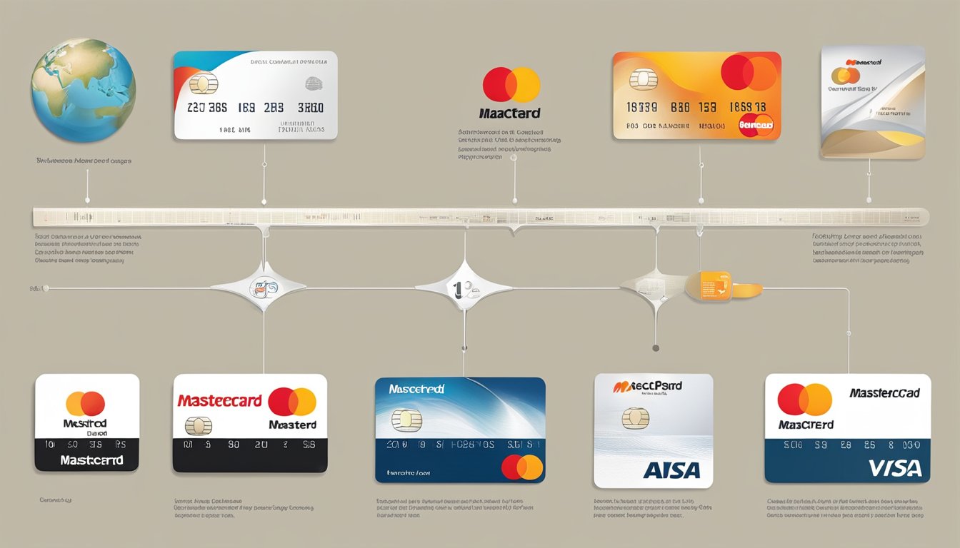 A timeline of Mastercard logos from past to present, showcasing the evolution of the brand identity