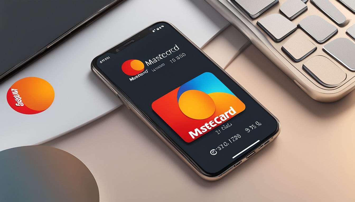 A digital and physical presence: Mastercard logo on a sleek credit card, displayed on a modern smartphone screen with the brand's distinct color scheme