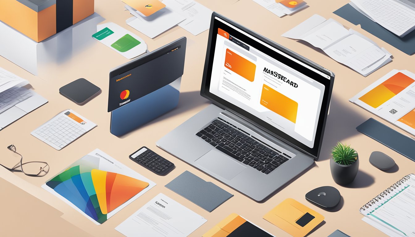 A stack of mastercard brand identity guidelines with a bold logo on top, surrounded by various FAQ documents and a computer screen displaying the brand's website