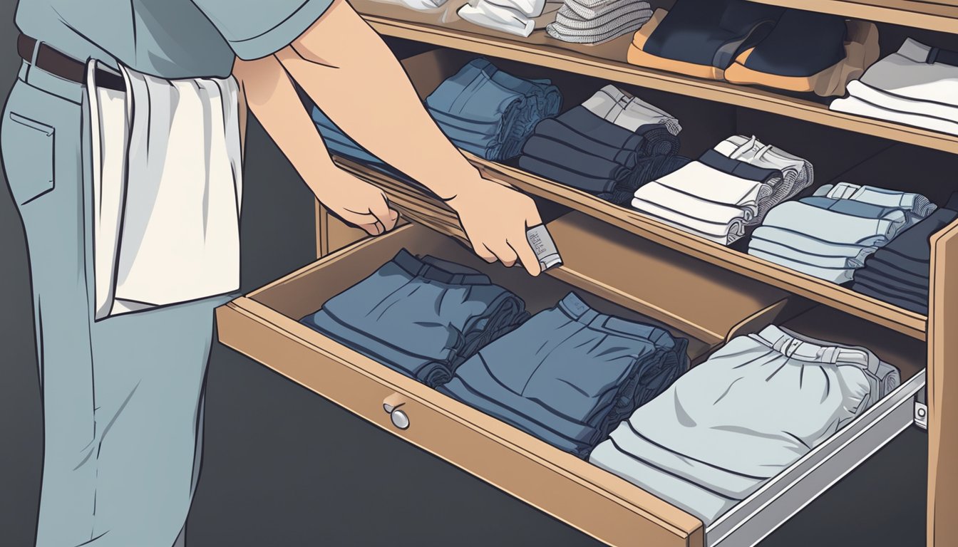 A hand placing neatly folded men's underwear into a drawer, with various branded underwear packages displayed neatly on a shelf