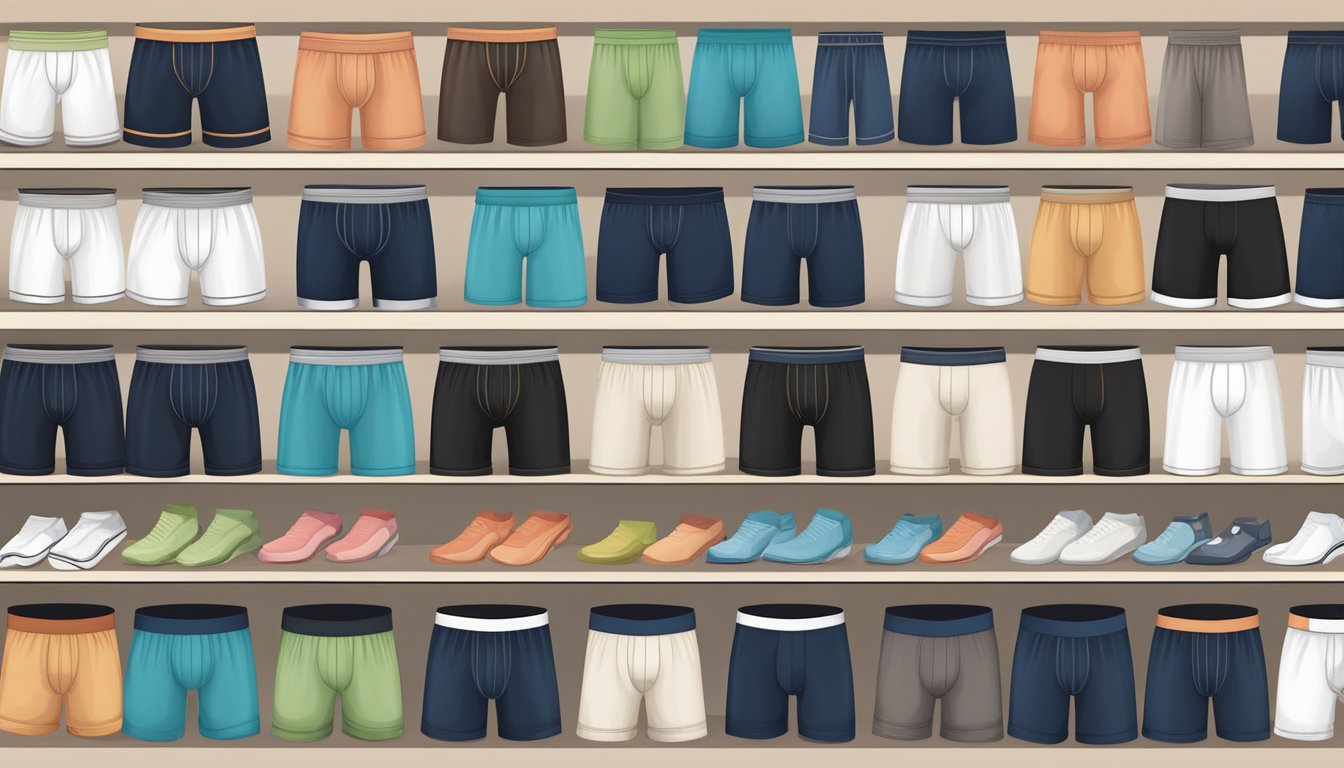 A variety of mens underwear brands displayed on shelves, including boxers, briefs, and trunks, in an organized and stylish fashion