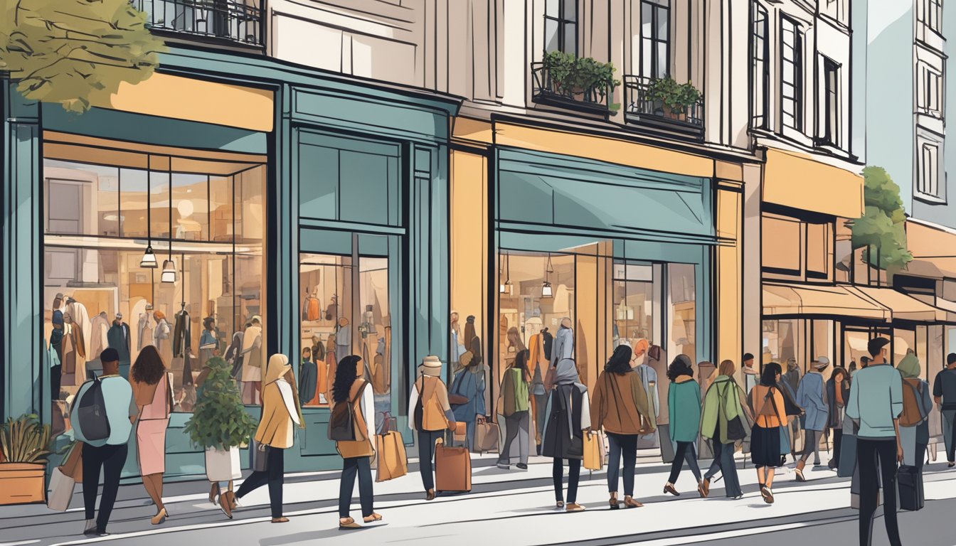 A bustling city street lined with mid-market fashion boutiques, with trendy window displays and stylish shoppers browsing the racks