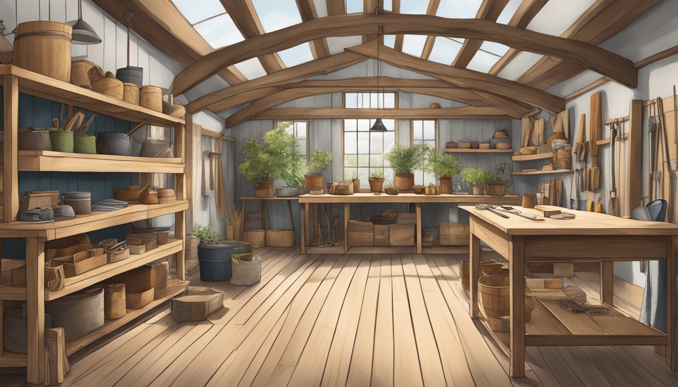 A rustic workshop with eco-friendly materials and traditional tools, showcasing the fusion of sustainability and craftsmanship in mid-market fashion brands in the UK