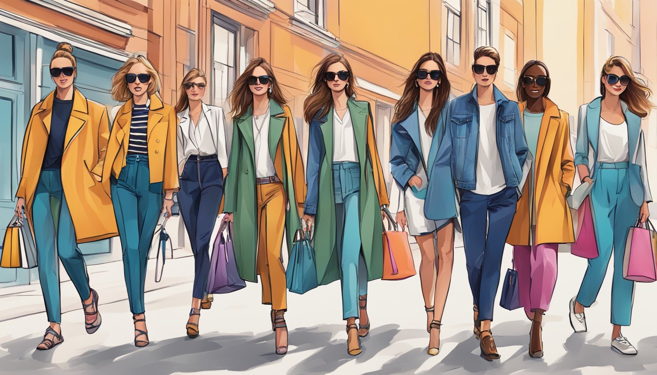 A group of mid-market fashion brands in the UK, influenced by current trends, showcasing their latest collections in a vibrant and dynamic setting