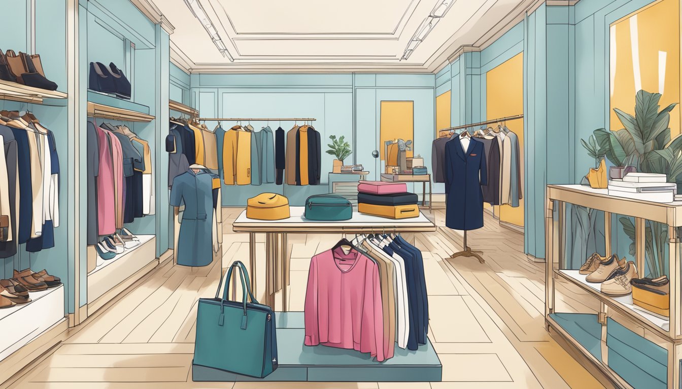 A display of iconic mid-market fashion brands in a UK store, featuring stylish clothing and accessories