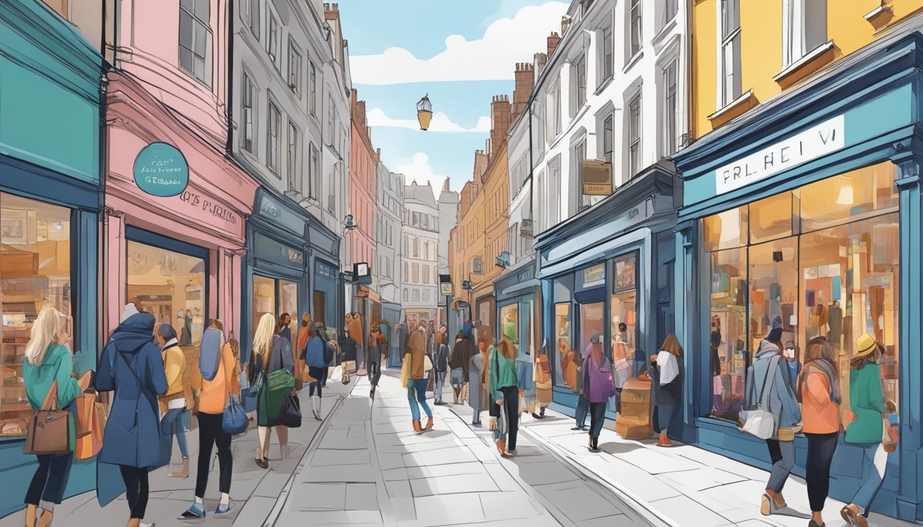 A bustling high street with colorful storefronts, showcasing mid-market fashion brands in the UK. Shoppers browse through racks of clothing and accessories, while trendy window displays catch the eye of passersby