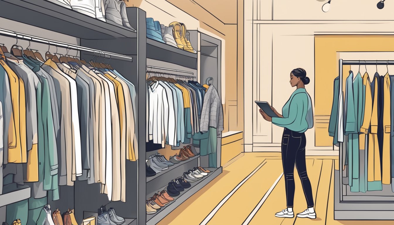 A customer browsing through a rack of stylish clothing with a "Frequently Asked Questions" sign in a mid-market fashion store in the UK