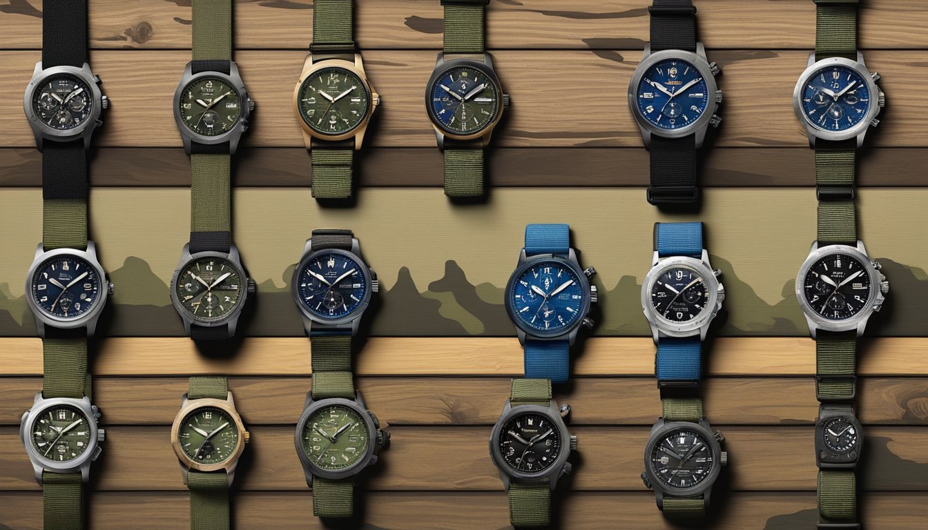 A lineup of military watch brands displayed on a rugged, weathered wooden table with a backdrop of camouflage fabric and tactical gear