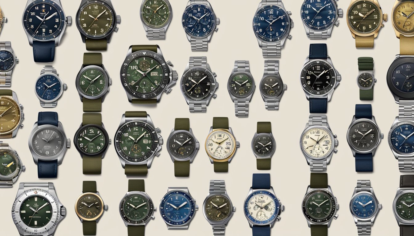 A display of iconic military watches from different brands, showcasing their historical significance in warfare and timekeeping