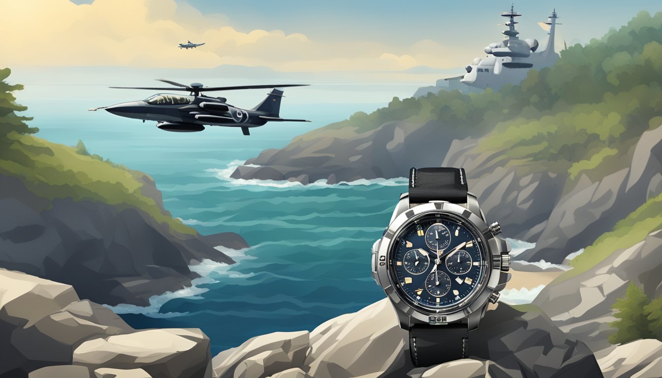 A rugged military watch on a rocky coastline, with a fighter jet flying overhead and a naval ship in the distance