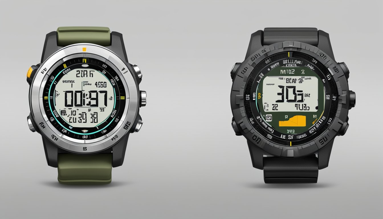 A rugged military watch with digital display and integrated GPS, compass, and altimeter, designed for extreme conditions