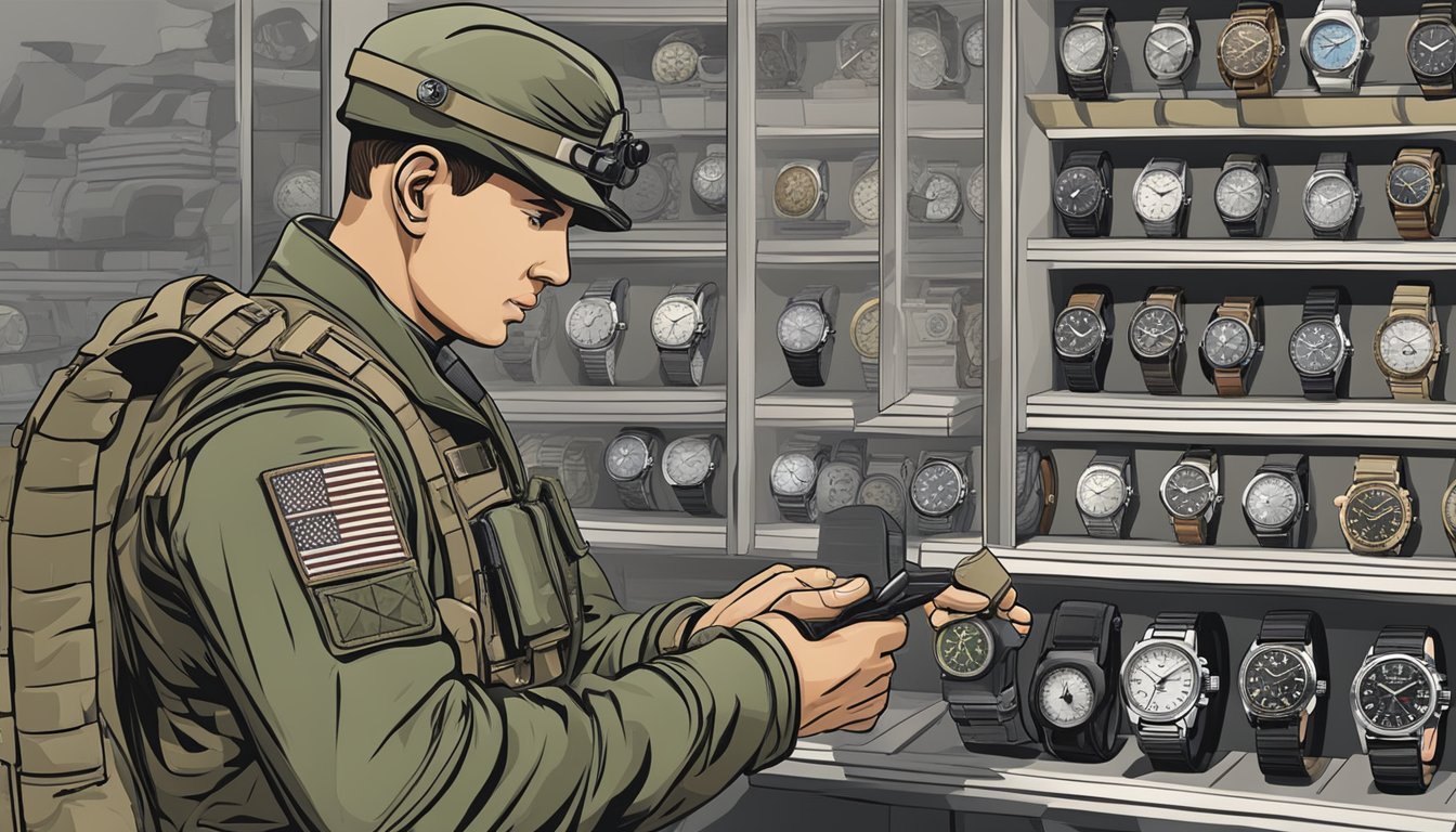 A soldier carefully selects a rugged military watch from a display of various brands and styles