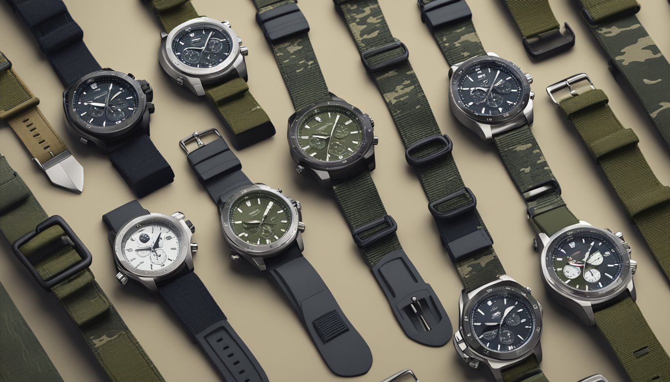 A row of military-inspired watches displayed on a clean, modern table with a backdrop of camo patterns and tactical gear